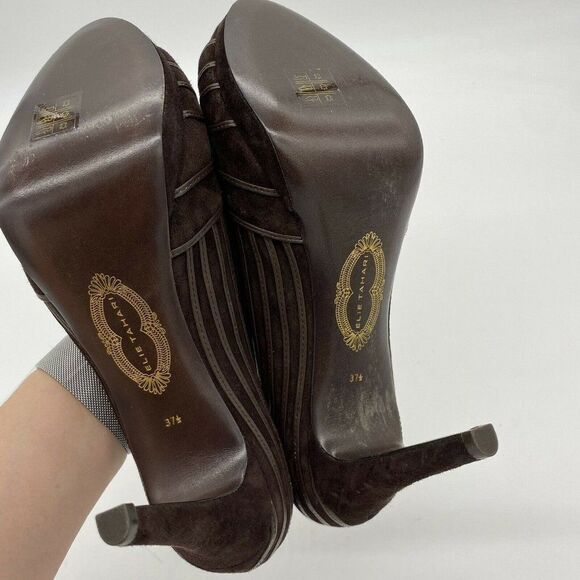 Elie Tahari Brown Suede Heels size 37.5 7.5 Peep t - Picture 5 of 6